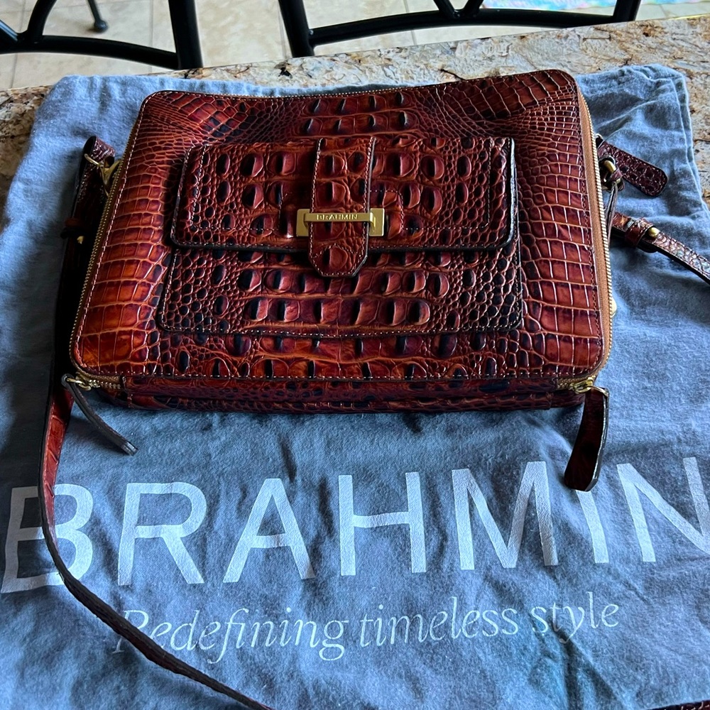 Brahmin Croc-Embossed Crossbody Bag in Rich Brown
